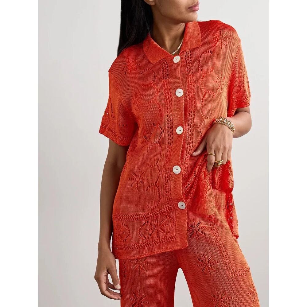 Calle Del Mar Pointelle Knit Short Sleeve Shirt Tomato Red Medium